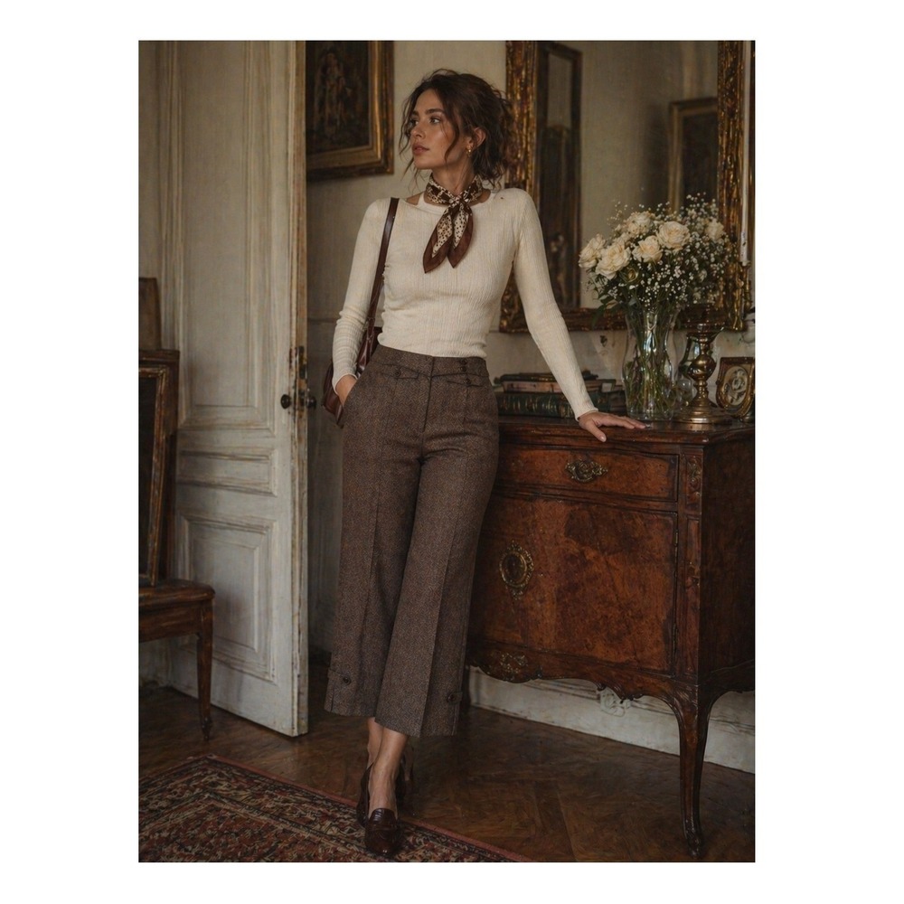 Dressbarn Brown Herringbone Cropped Wide Leg Trousers Button Detail Size 16